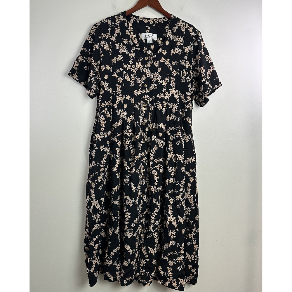 Vintage Kathryn Deene Floral Dress Button Front Sz 18 Pleated Romantic Feminine